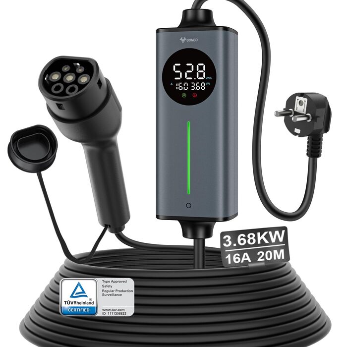 Кабель для зарядки електромобіля GONEO, Тип 2 - Schuko, 10м, 16A, 3.68 кВт, AC/DC, з захистом FI, автоматичним заземленням та контролем температури, таймер, сертифікат TÜV