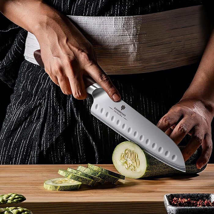 Ніж Santoku SANMEIHO Profi 18 см, японська сталь 10Cr15Mov, кухонний ніж для м'яса, риби та овочів з дерев'яною ручкою Пака