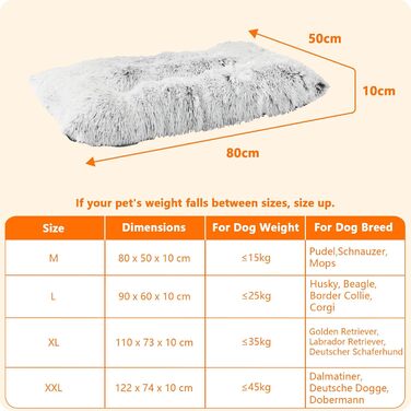 Dog Bed, Fluffy Dog Mats, Longer Plush Dog Cushion, Washable, Non-Slip Bottom, 110 cm for Medium and Large Dogs, (L 80 x W 50 x H 10 cm, Light Grey)