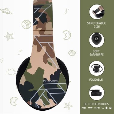 Дитячі навушники PowerLocus Bluetooth з обмеженням гучності 85dB, складні, з чохлом, Over-Ear, бездротові та з кабелем, з мікрофоном, підтримка Micro-SD, камуфляж (для телефону, ПК, планшета)