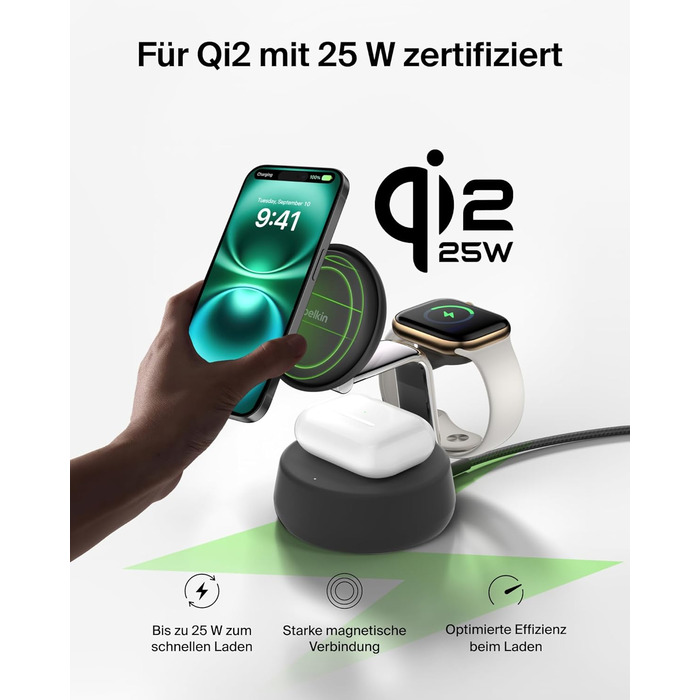 Belkin UltraCharge Pro Qi2.2 Бездротова зарядка 3-в-1 25W MagSafe сумісна для iPhone, Apple Watch, AirPods, Pixel – Чорна