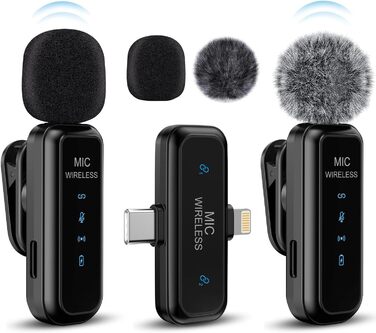 Навушники-мікрофон Laqula 2-в-1 бездротові петличні для iPhone, iPad, Android, камери, USB-C, 2 шт., шумозаглушення, кристально чиста якість запису для відео, Vlog, YouTube, TikTok, інтерв'ю, чорний