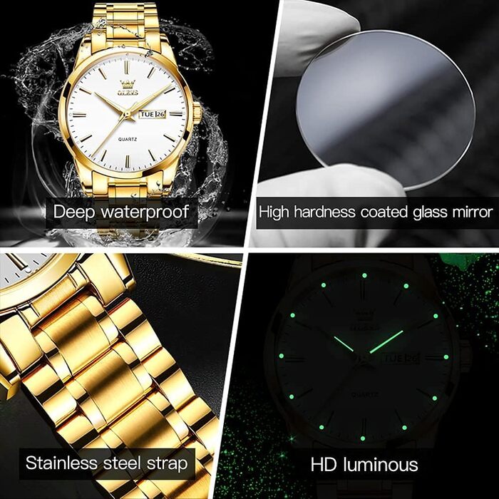 Чоловічий скелетон-годинник OLEVS Quartz (6898 Gold White) — спортивний кварцовий годинник зі сталевим браслетом, водонепроникний, зі світломасом