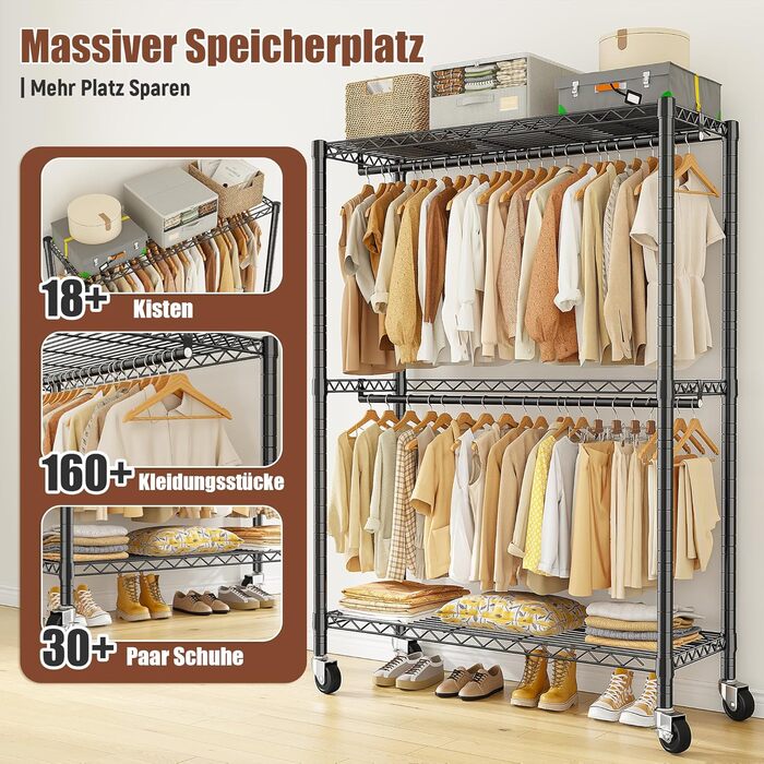 Вішалка для одягу на коліщатках 90x40x200 см, вантажопідйомність 150 кг, 2 висувні штанги, регульована полиця, великий об'єм для зберігання одягу, стабільна та мобільна