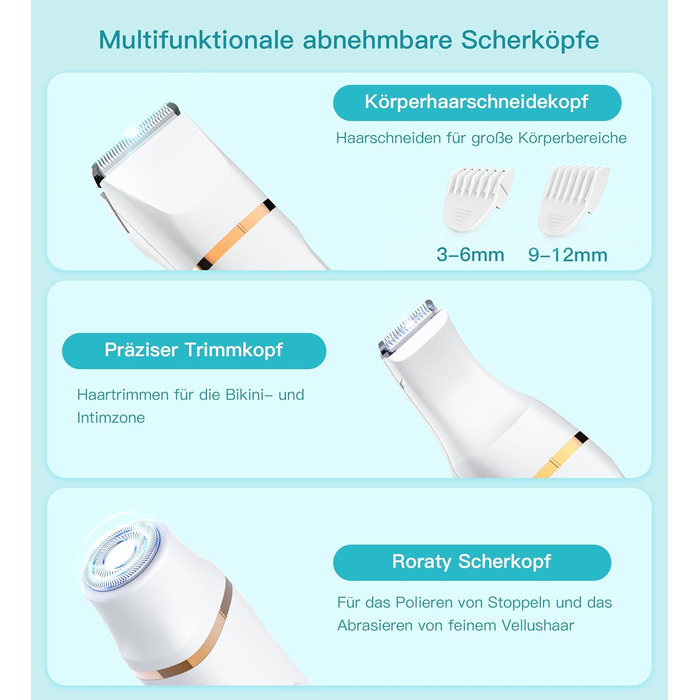 Електричний тример для бікіні 3-в-1 для жінок: тример для обличчя та інтимної зони, для чутливої шкіри. Вологостійкий, для мокрого та сухого використання, перезаряджається