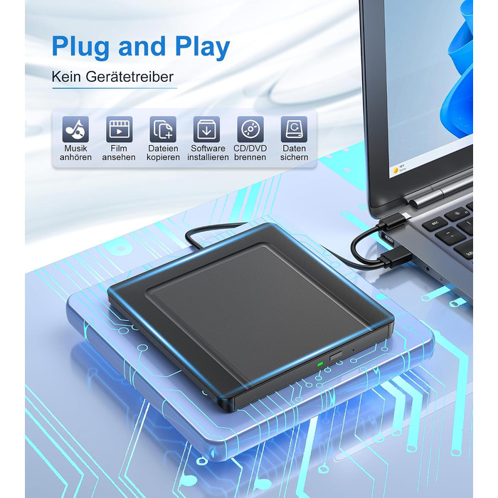 Зовнішній CD/DVD привід USB 3.0 та USB-C, ультратонкий оптичний накопичувач CD DVD +/-RW ROM для ноутбука, ПК, MacBook (Windows, macOS, Linux), чорний