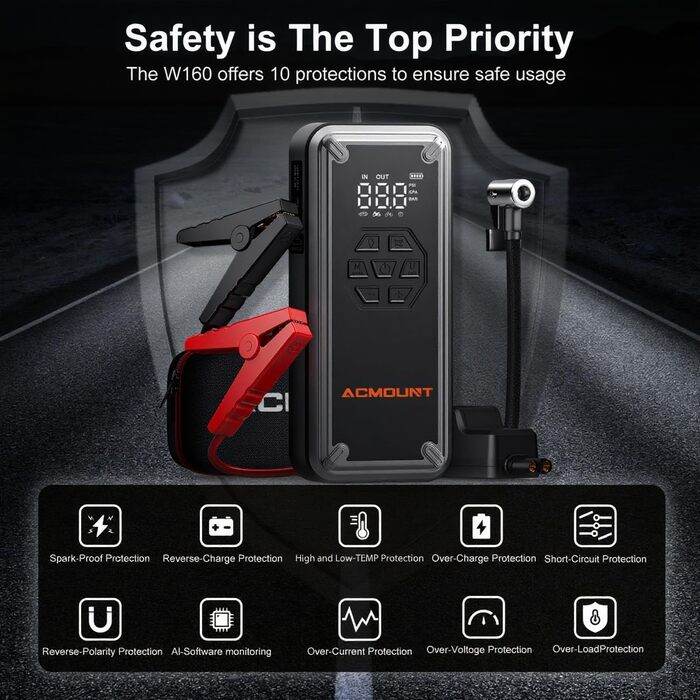 Портативний пусковий пристрій Starthilfe з компресором 150PSI, акумулятор 12V 6000A, для бензинових/дизельних авто, Powerbank з кабелями, LED-ліхтар, чорний