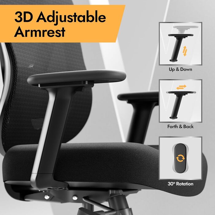 Ергономічне офісне крісло HOLLUDLE з 3D-підтримкою попереку та регульованими підлокітниками, V-подібна спинка, чорне