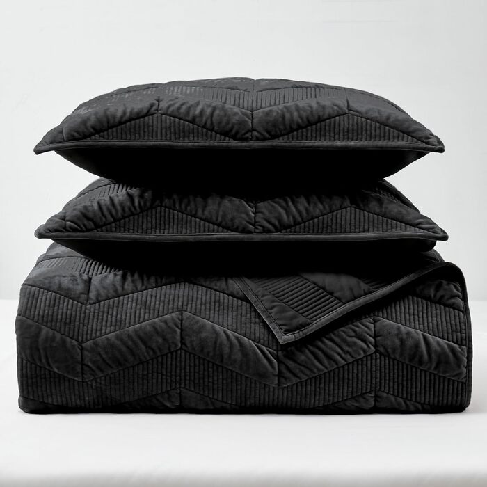 Комплект постільної білизни з велюрової стеганої ковдри SHALALA King Size (106'x94'), смугастий, всі сезони (світло-тауп, чорний)