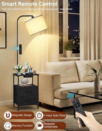 Стельова лампа для вітальні з тумбою та полицею, регульована LED, з пультом, 3 колірні температури, приліжкова тумба з зарядкою та полицею, дерев'яний столик для спальні/офісу (чорний з шухлядами)