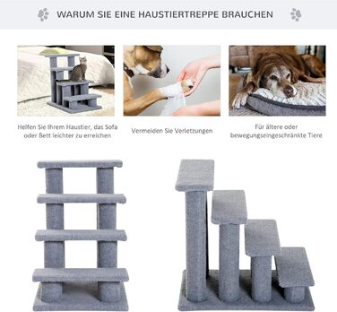 PawHut Pet Stairs Cat Stairs Dog Stairs Stairs for Cats and Dogs 4 Steps Gray 63.5x43x60cm