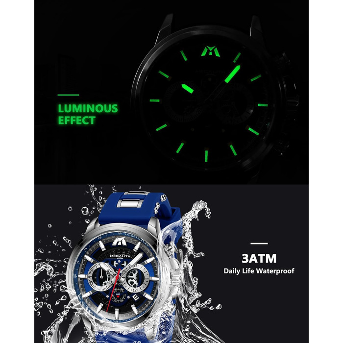 MEGALITH Годинник чоловічий Хронограф: Водонепроникні годинники з датою та світловим покриттям. Великі кварцові годинники для спортивних чоловіків, синій колір. Подарунок для чоловіків.