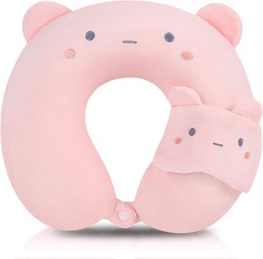 Подушка для шиї з принтом котика, зручна у подорожах: авто, літак, поїзд, кемпінг. Memory Foam, рожева