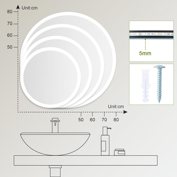 LED дзеркало для ванної кімнати з підсвічуванням Round - регульоване з 3 кольорами світла (3500K-6500K), сенсорний вимикач, запобігає запотіванню - дзеркало для ванної кімнати з підсвічуванням для макіяжу та гоління (70см)