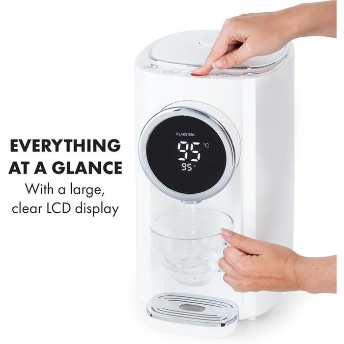 Klarstein Hot Spring Plus Hot Water Dispenser, Water Tank: 5 Liters, Large LCD Display, Temperatures: 45-95 °C, Stainless Steel Water Tank, Dry-Run & Overheat Protection, Child Lock, (White)