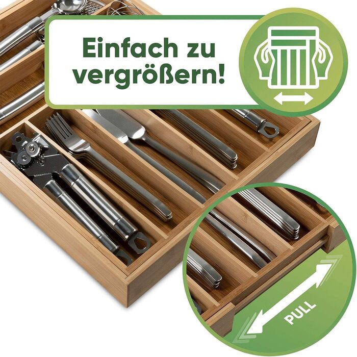 Loco Bird Cutlery Box for Drawers made of Bamboo – Extendable up to 7 Compartments - Cutlery Insert for Kitchens & RVs - Drawer Insert for Kitchen Drawers - Cutlery Box made of Wood