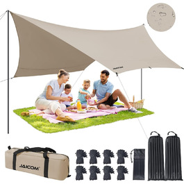 Водонепроникна тентова накидка Tarp 3.7 x 4.3 м з опорами, кільцями, шнуром, для кемпінгу, відпочинку на природі, захисту від сонця та дощу (Хакі)
