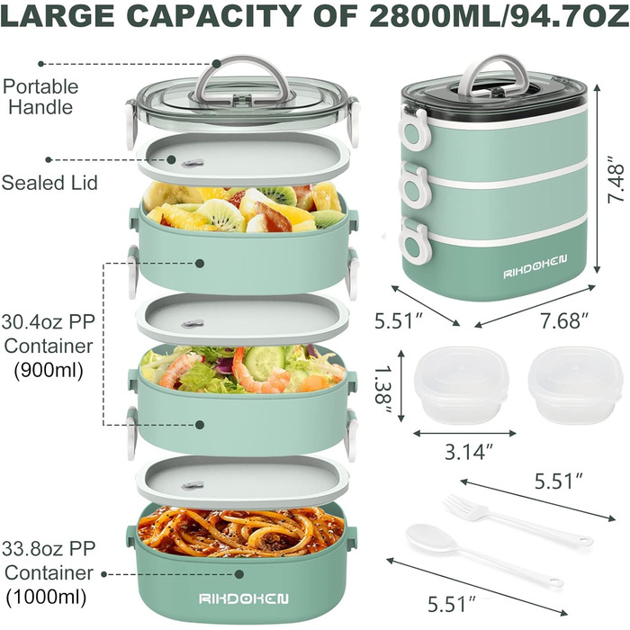 RIKDOKEN Ланчбокс 3-ярусний, 2.7л, з ложкою та виделкою, для дітей та дорослих, зелений