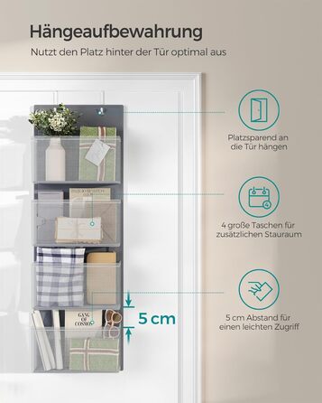 Органайзер для шафи SONGMICS з 4 кишенями, навісна полиця, органайзер для гардеробу, навісне зберігання, органайзер для дверей, спальня, вітальня, 2 x 33,5 x 00 см, RDH04G (2, сірий шифер)