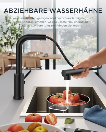 Змішувач для кухні FORIOUS висувний з душем, кухонний змішувач, L-подібний, 2 режими розпилення, поворотний 360°, матовий чорний