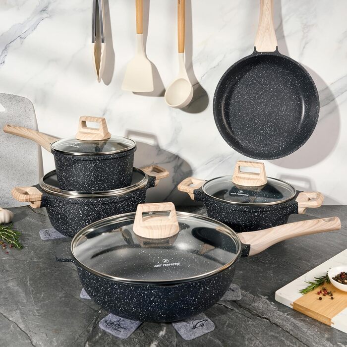JUST PERFECTO Induction Cookware Set - Frying Pan Set with Lid - 24cm Frying Pan, 28 cm Frying Pan - Cookware Set 28cm Non-Stick Pan without PTFE and PFOA (15-Piece Black)