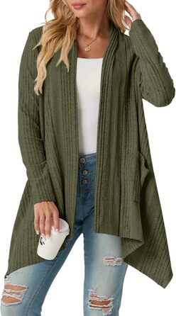 Жакет GRECERELLE з довгими рукавами, легкий в'язаний кардиган з кишенями, м'який, з асиметричним кроєм (M, хакі)