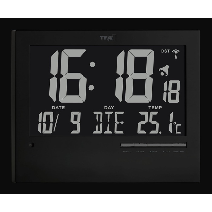 TFA Dostmann Digital Radio Clock with Automatic Backlight, with Indoor Temperature, Date, Day of the Week, Black, 60.4508, L 230 x W 31 (80) x H 185 mm