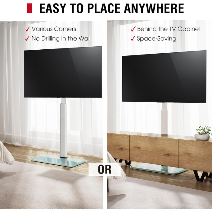 Регульований підлоговий кріплення для телевізора 100-190 см (43-75 дюймів), 10-ступеневе регулювання висоти кутів, підставка для телевізора для вітальні/спальні, підтримує до 50 кг, max. VESA (Білий/Опудаловий сад)