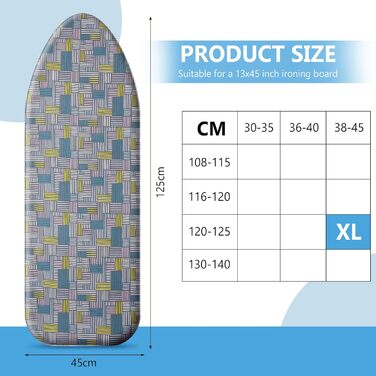 Чохол для прасувальної дошки Cozary 125 x 45 см, бавовна, для парогенератора та праски, стійкий до високих температур (210°C), блакитно-сірий в клітинку