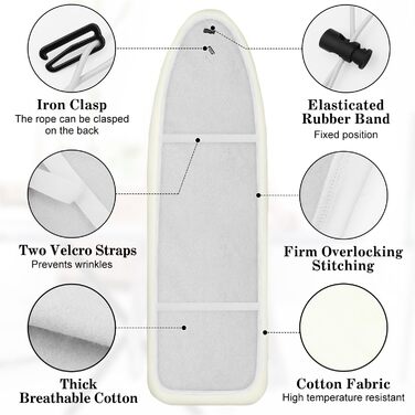 Чохол для прасувальної дошки з бавовни, еластичний, для парогенераторів, 120-125x40-46 см (слонова кістка)
