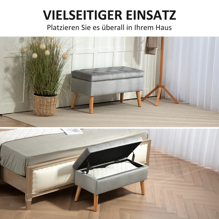 HOMCOM Storage Bench, Upholstered Bench with Lid, Bed Bench with Velvet Look, for Entryway, Bedroom, Living Room, Rubber Wood 102 x 35 x 43 cm Grey | Aosom