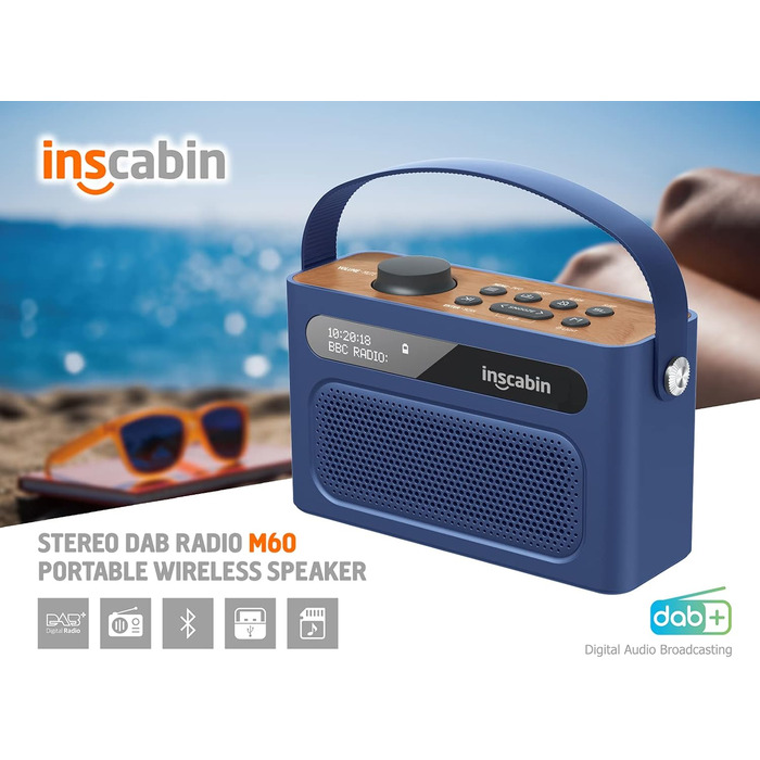 Inscabin M60: Портативне DAB/DAB+ FM-радіо з Bluetooth, подвійними динаміками та будильником (блакитний)