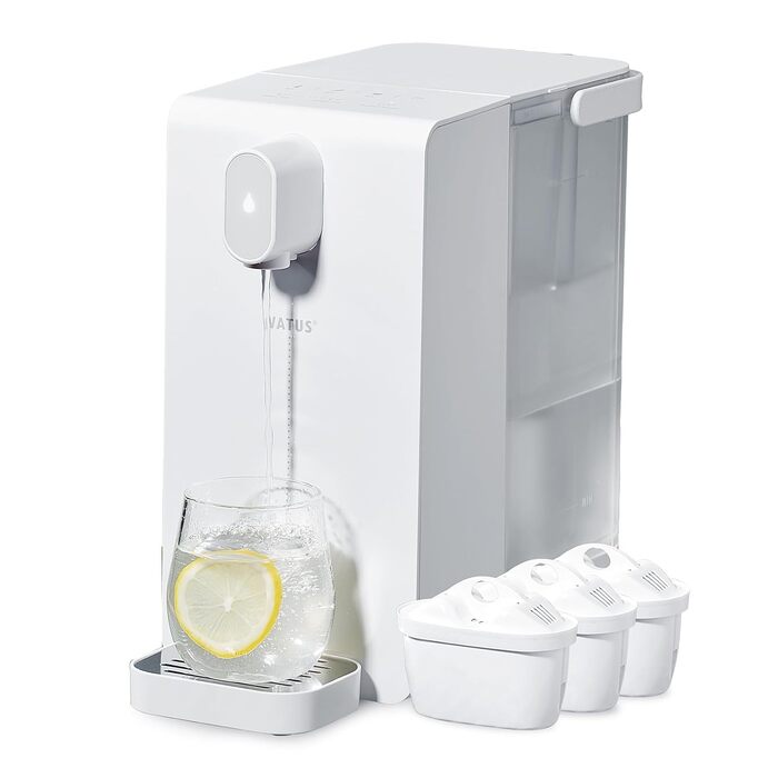 Hot water dispenser, instant water dispenser, filtered and heated water dispenser. Includes 3 filter cartridges. Filters water to reduce limescale, chlorine, lead, and copper in tap water.