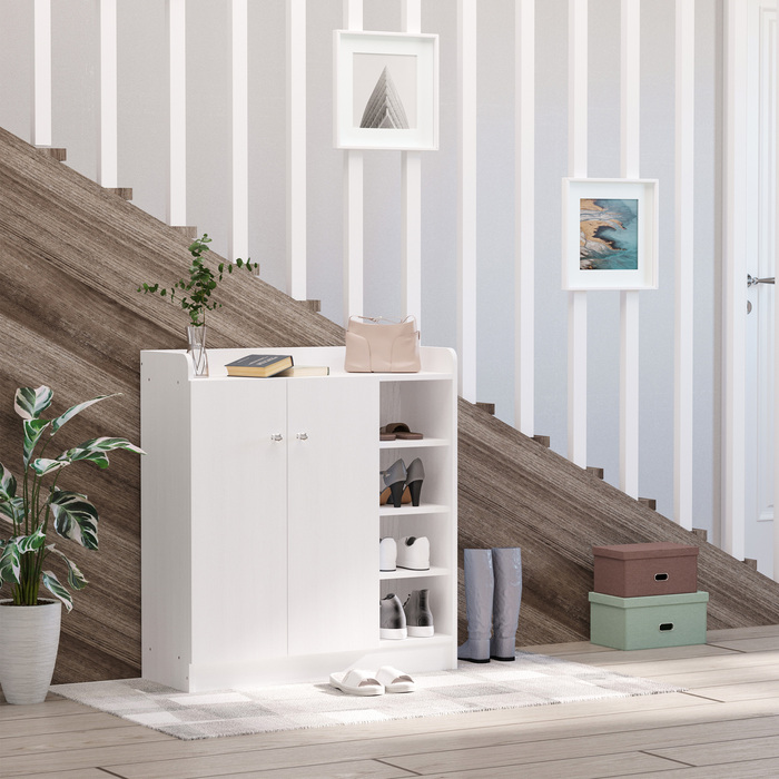 HOMCOM Shoe Cabinet Shoe Rack Chest of Drawers with 2 Doors and 4 Compartments for Entryway in White 83x30x90cm, Space-Saving & Modern