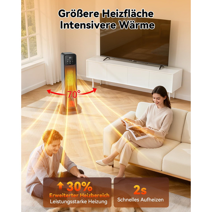 Ефективний енергозберігаючий обігрівач, 1500W PTC кераміка, 34 dB, термостат, таймер 12 год, захист від перегріву та перекидання, з пульт дистанційного керування (матовий чорний)