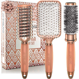 Набір гребінців для волосся 3 шт. - кругла щітка, щітка-скелет, плоска щітка - без пошкодження волосся, ергономічна ручка, розпушувач, детанґлер - подарунок для жінок (рожеве золото)