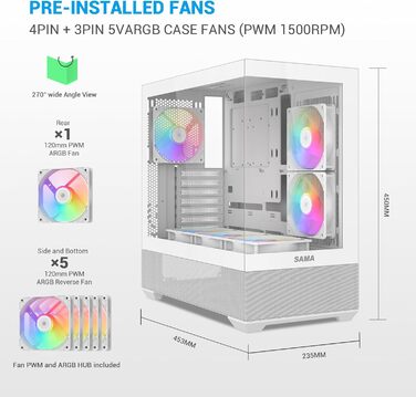 Корпус ПК SAMA V40 Mid-Tower ATX з 6 вентиляторами 120 мм ARGB PWM, подвійні панелі з загартованого скла, Dual Chamber, USB 3.1 Type-C, підтримка ATX/mATX/ITX GPU, білий колір