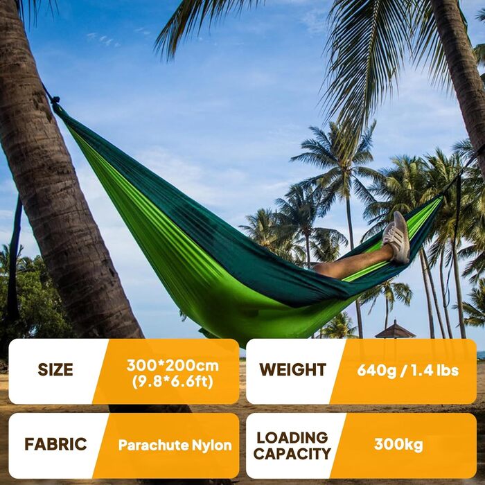 Гаммак для кемпінгу NATUREFUN Ultraleicht | 300 кг, 300x200 см, дихаючий, швидковисихаючий, нейлон | 2 карабіни, 2 петлі | Зелений, для відпочинку на природі