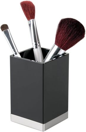 mDesign Plastic Bathroom Storage Jars, Vanity Decor Accessories, Countertop Organizer, Soap Dispenser, Toothbrush Holder, Lumiere Collection, 4-Piece Set – Black/Brushed