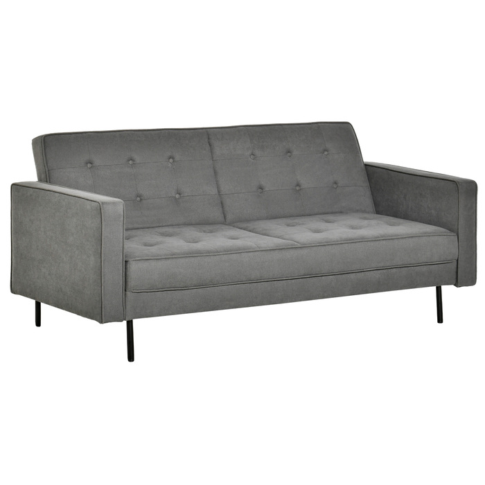 HOMCOM 3-Seater Sleeper Sofa with Reclining Function and Adjustable Angle, Vintage Design Made of Eucalyptus Wood and Cotton in Grey