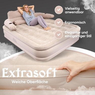 Надувне ліжко для 2 осіб [3-в-1 система] | Елегантне гостьове та кемпінгове ліжко | Надувна матрац з електропомпою 150x200 | Самостійно надувна повітряна матрац для 2 осіб, бежевий