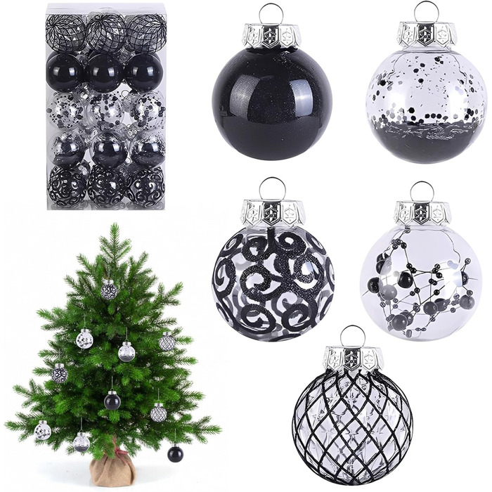 30 шт. Новорічні кулі - прикраси для ялинки, блакитні (прозорі, чорні), 6 см, ручної роботи, з петелькою