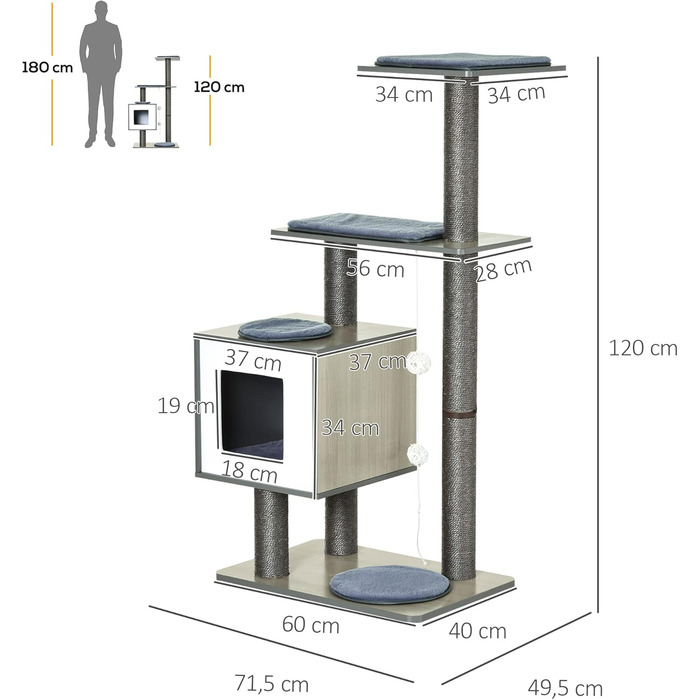 Дерев'яний комплекс для котів PawHut з гамаком, 230-250 см, сірий+кремовий, з захистом від перекидання