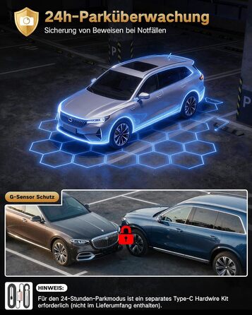 3-канальний автомобільний відеореєстратор 4K (передній, задній, салонний), 170° широкий кут, нічна зйомка, паркування 24/7, G-сенсор, WiFi 5.8 ГГц, SD-карта 64ГБ, чорний