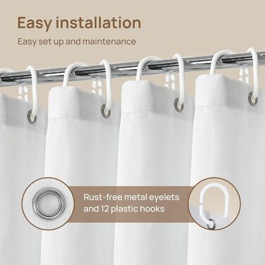 Штора для душу 180x180 см льон, біла - водонепроникна, з обтяженим краєм, з кільцями (12 шт.) для ванної кімнати