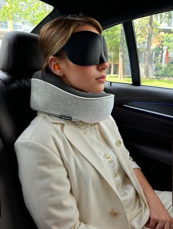 Подушка для шиї, подорожі: Memory Foam, для авто, поїздів, літаків. Комплект з маскою для очей та навушниками (світло-сіра)