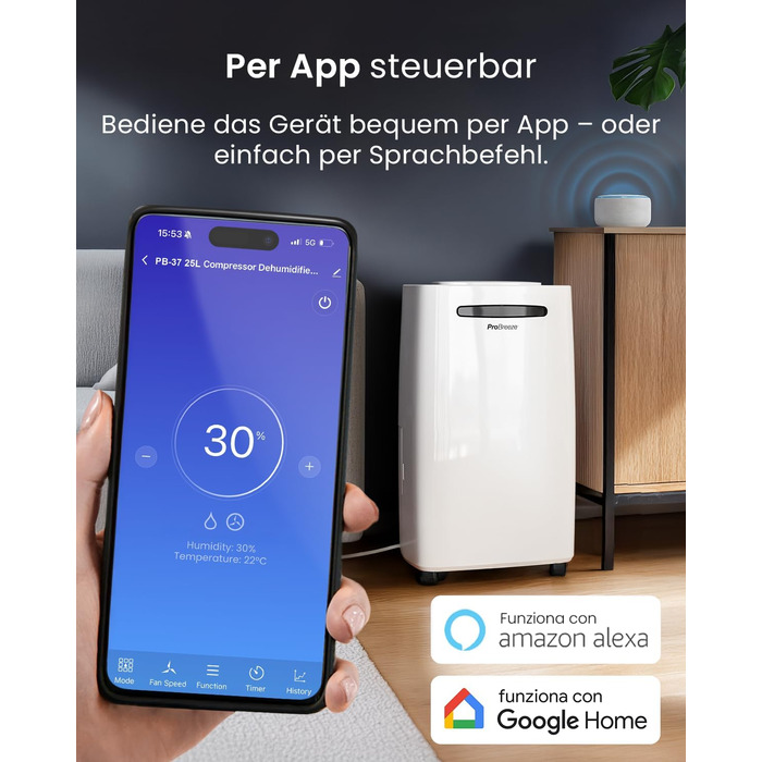Про Бріз - Вологопоглинач повітря 25л/добу, 30 м², 4 режими, таймер, Smart App - від вологи та плісняви