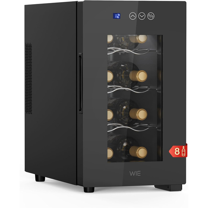 WIE 33 Liter Wine Fridge - 1 Zone Wine Cooler with Glass Door & LED Touch Panel - Mini Wine Refrigerator for 8 Bottles