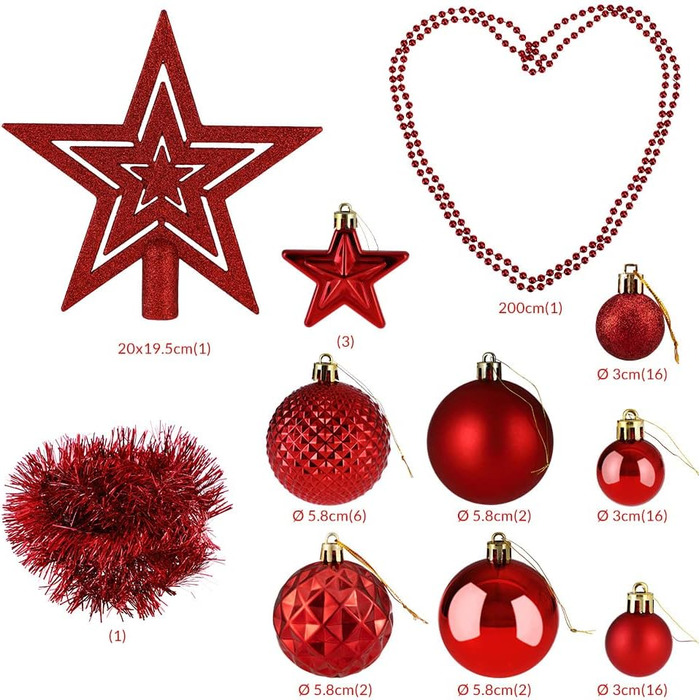 DEUBA® Новорічні кулі 66 шт. Ø 3-6 см, пластик, матові/глянцеві, прикраси для ялинки, новорічний декор (червоні)