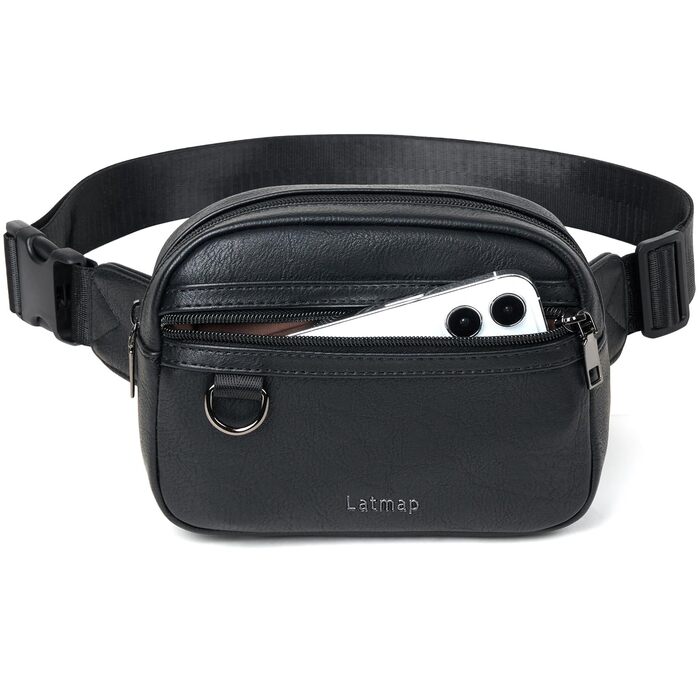 Жіноча сумка на пояс, кросбоді, з PU шкіри, водовідштовхувана, антикрадіжна, 4 відділення, чорна, на блискавці, 19.05 x 15 см, 55 см ремінець, ручне прання